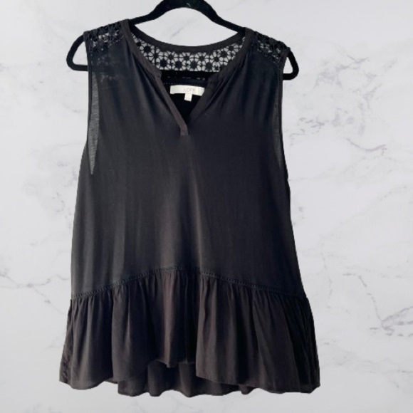 LOFT black sleeveless top with lace at the shoulder and ruffled hem. Medium - Picture 1 of 7